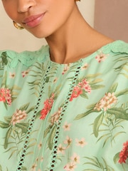 Love & Roses Green Tropical Woven Lace Shoulder T-Shirt - Image 2 of 4