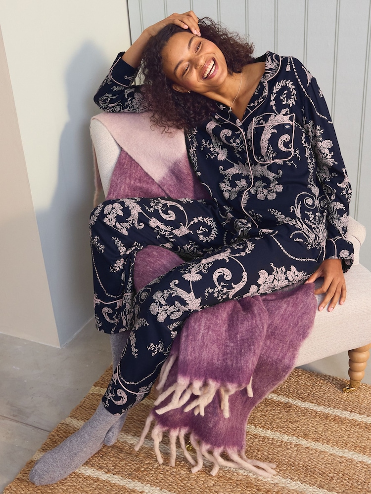 أزرق داكن/وردي - طقم بيجامة Josette بأزرار كاملة من Laura Ashley - Image 1 of 10