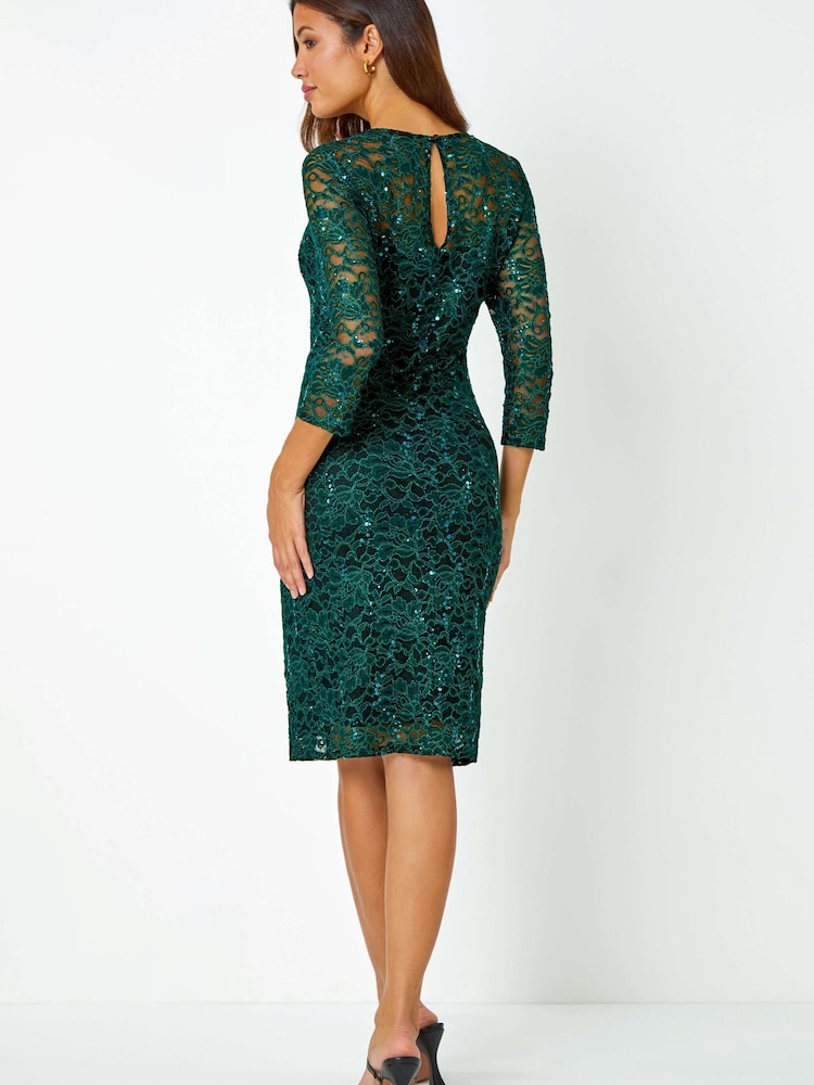 Roman Green Sequin Lace Overlay Ruched Dress - Image 2 of 4 Roman Green Sequin Lace Overlay Ruched Dress - Image 2 of 4
