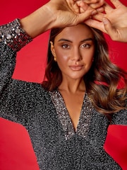 Roman Metallic Sequin Trim Shimmer Stretch Top - Image 2 of 5