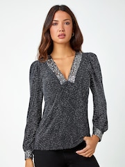 Roman Metallic Sequin Trim Shimmer Stretch Top - Image 4 of 5