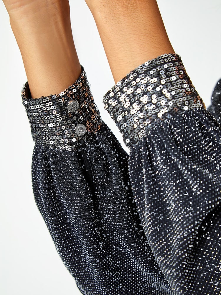 Roman Metallic Sequin Trim Shimmer Stretch Top - Image 5 of 5