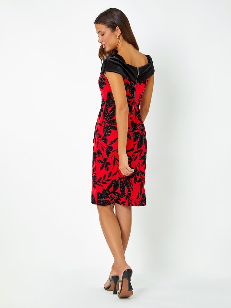 Roman Red Flocked Floral Premium Stretch Dress - Image 2 of 5