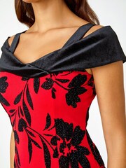 Roman Red Flocked Floral Premium Stretch Dress - Image 5 of 5