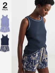Simply Be Blue Pretty Secrets Ribbed Shortie Set Vest Tops 2 Pack - Image 1 of 5