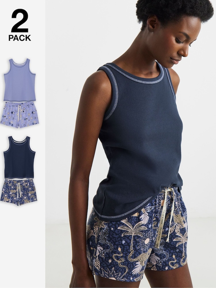 Simply Be Blue Pretty Secrets Ribbed Shortie Set Vest Tops 2 Pack - Image 1 of 5 Simply Be Blue Pretty Secrets Ribbed Shortie Set Vest Tops 2 Pack - Image 1 of 5