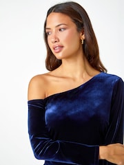 Roman Blue Ruched Velvet One Shoulder Dress - Image 4 of 5