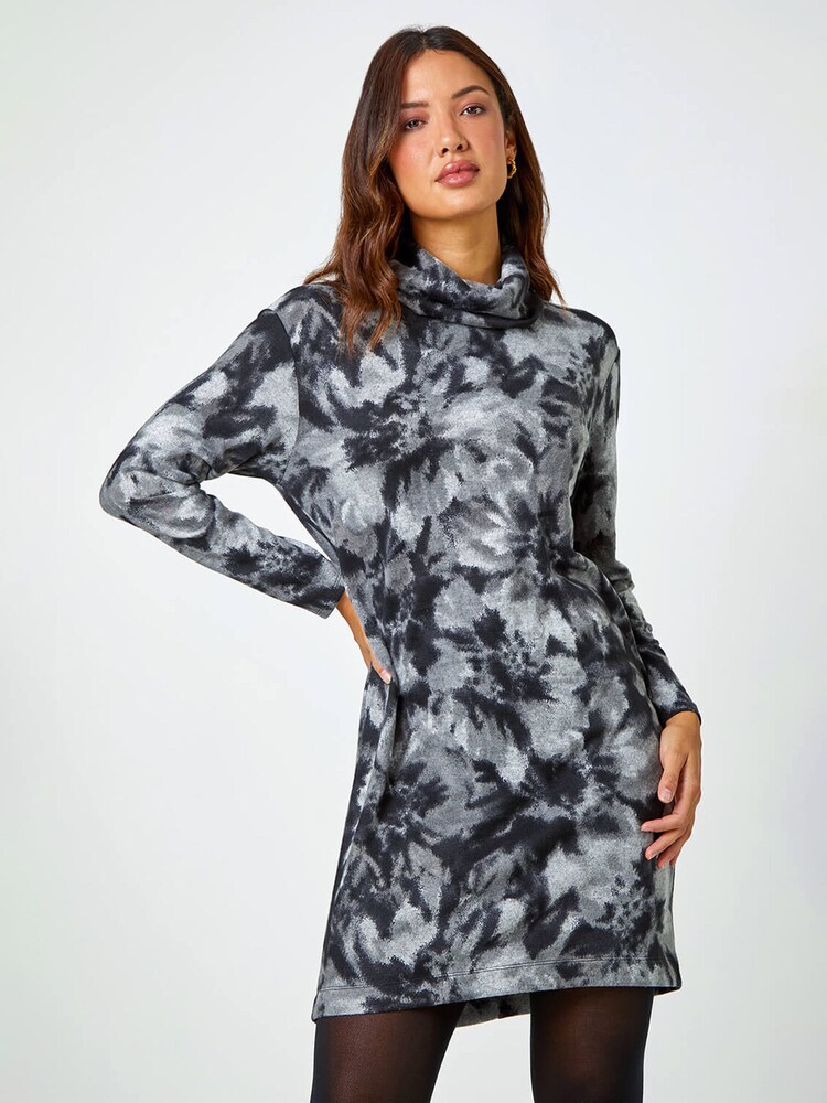 Roman Grey Floral Tie Dye Stretch Dress - Image 1 of 4