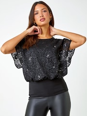 Roman Black Sequin Lace Stretch Overlay Top - Image 1 of 5