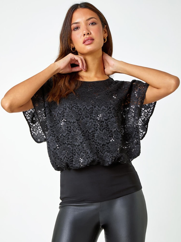 Roman Black Sequin Lace Stretch Overlay Top - Image 1 of 5