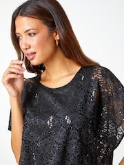 Roman Black Sequin Lace Stretch Overlay Top - Image 5 of 5