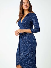 Roman Blue Sparkle Floral Stretch Wrap Dress - Image 1 of 4