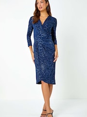 Roman Blue Sparkle Floral Stretch Wrap Dress - Image 2 of 4