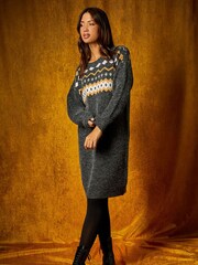 Roman Grey Nordic Print Knitted Jumper Dress - Image 1 of 5