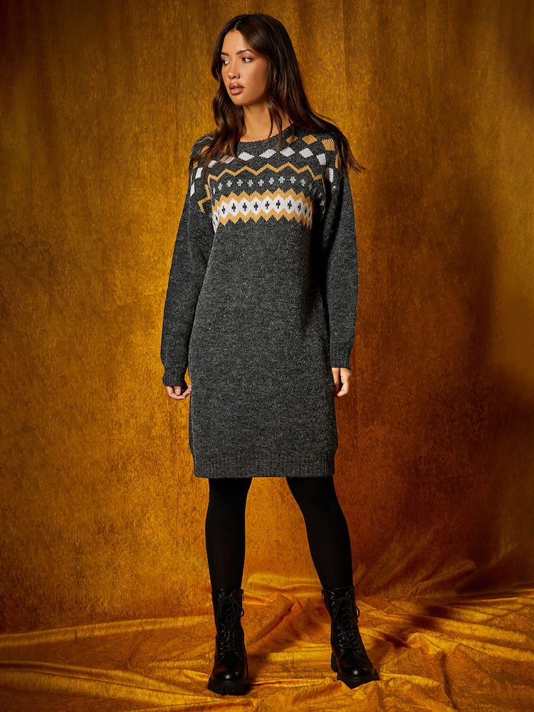 Roman Grey Nordic Print Knitted Jumper Dress - Image 2 of 5