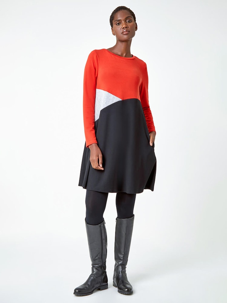 Roman Orange Colour Block Stretch Swing Dress - Image 2 of 4