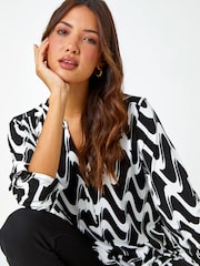 Roman Black Geometric Print Stretch Blouse - Image 1 of 5