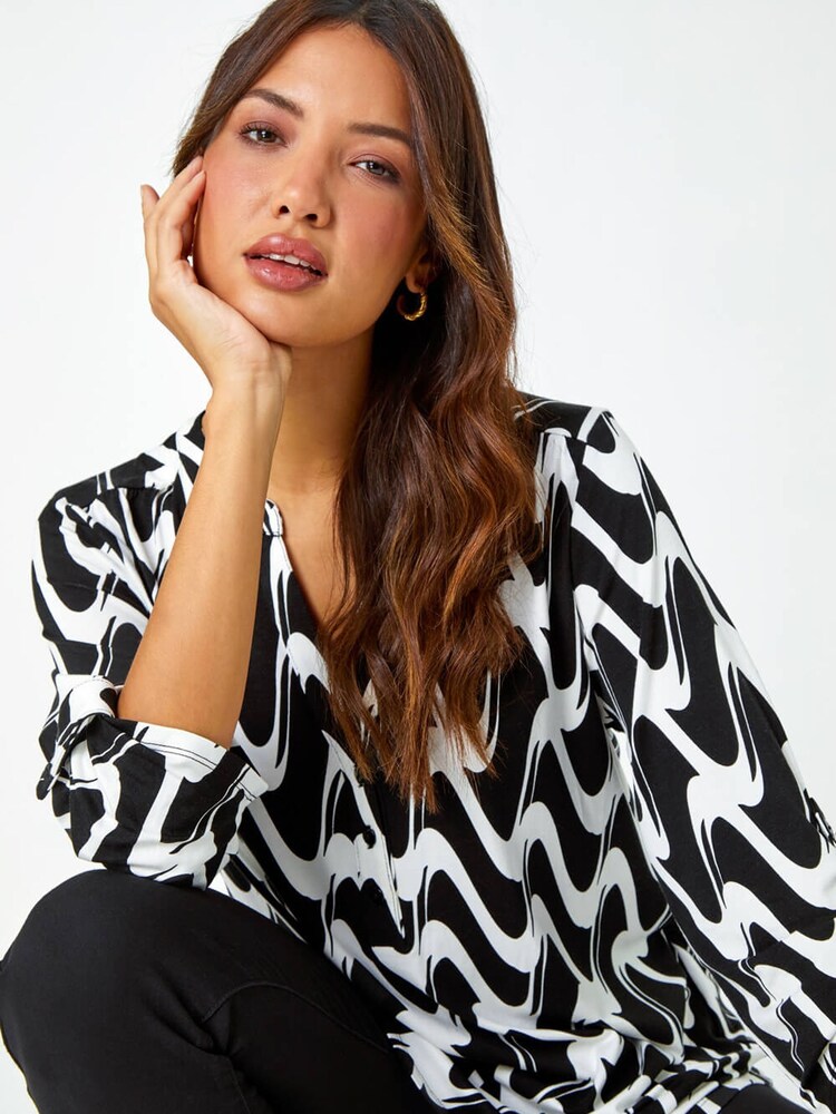 Roman Black Geometric Print Stretch Blouse - Image 1 of 5