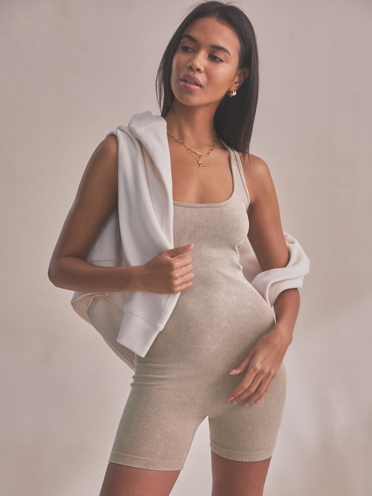 self. Cream Ribbed Seamfree Unitard Jumpsuit - Image 1 of 8