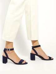 Dune London Blue Standard Fit Memee Mid Block Heel Sandals - Image 1 of 6