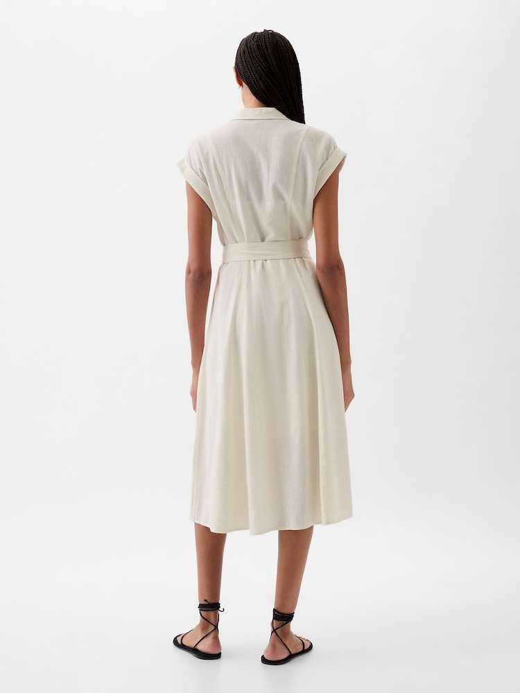 Gap White Linen-Blend Tie Waist Midi Shirt Dress - Image 5 of 5