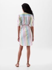 Gap White Rainbow Linen Blend Short Puff Sleeve Mini Shirt Dress - Image 2 of 5