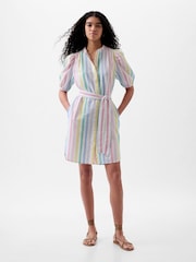 Gap White Rainbow Linen Blend Short Puff Sleeve Mini Shirt Dress - Image 3 of 5
