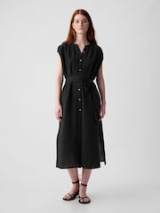 Gap Black Crinkle Cotton Belted Midi Shirt Dress - Image 1 of 3