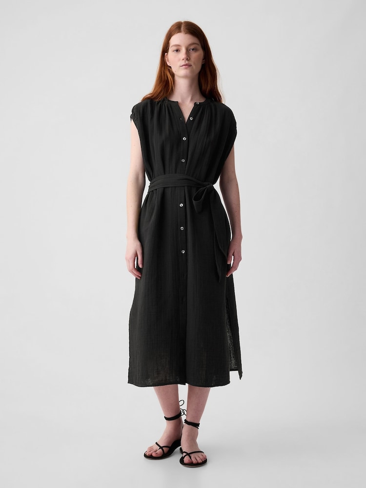Gap Black Crinkle Cotton Belted Midi Shirt Dress - Image 1 of 3