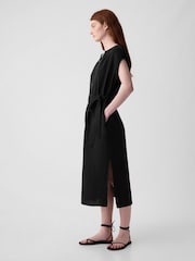 Gap Black Crinkle Cotton Belted Midi Shirt Dress - Image 3 of 3