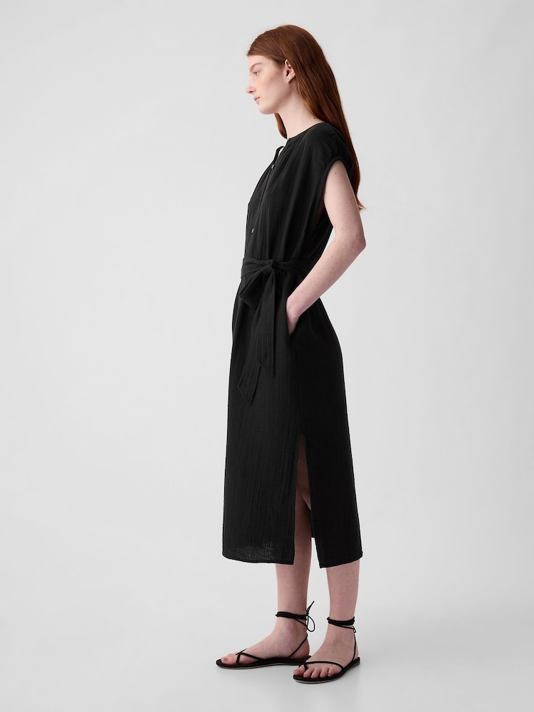 Gap Black Crinkle Cotton Belted Midi Shirt Dress - Image 3 of 3