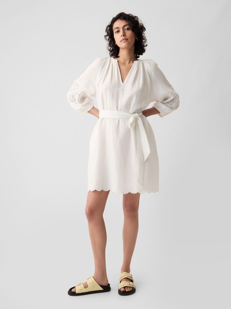 Gap White Crinkle Cotton Embroidered Elbow Sleeve Mini Dress - Image 1 of 4 Gap White Crinkle Cotton Embroidered Elbow Sleeve Mini Dress - Image 1 of 4