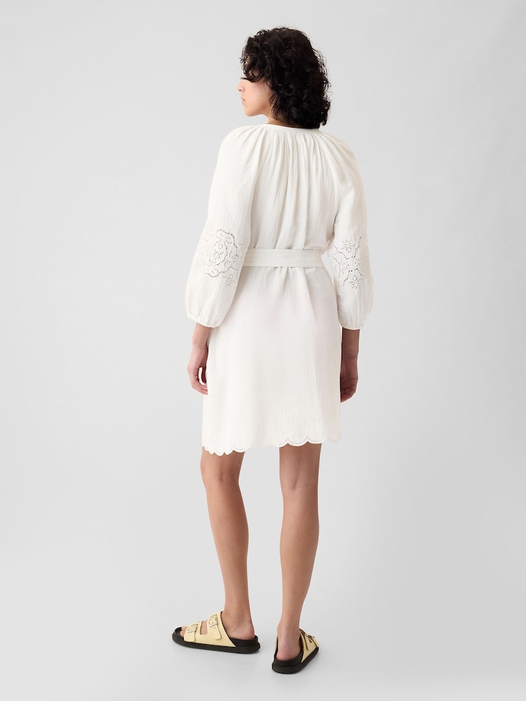 Gap White Crinkle Cotton Embroidered Elbow Sleeve Mini Dress - Image 2 of 4 Gap White Crinkle Cotton Embroidered Elbow Sleeve Mini Dress - Image 2 of 4