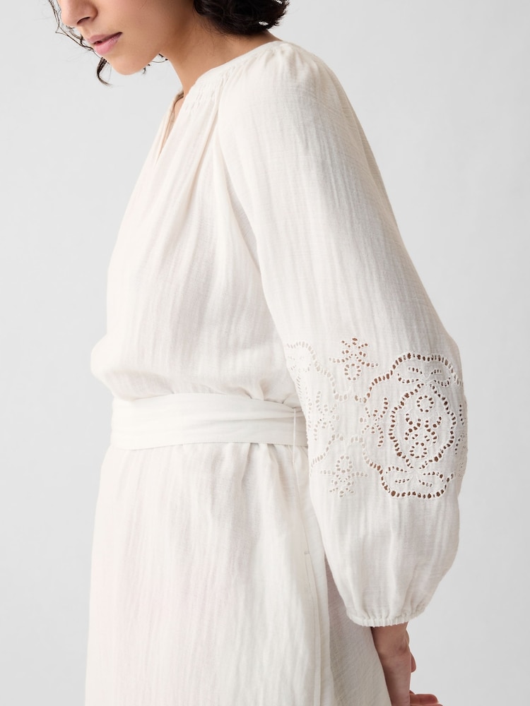 Gap White Crinkle Cotton Embroidered Elbow Sleeve Mini Dress - Image 4 of 4 Gap White Crinkle Cotton Embroidered Elbow Sleeve Mini Dress - Image 4 of 4