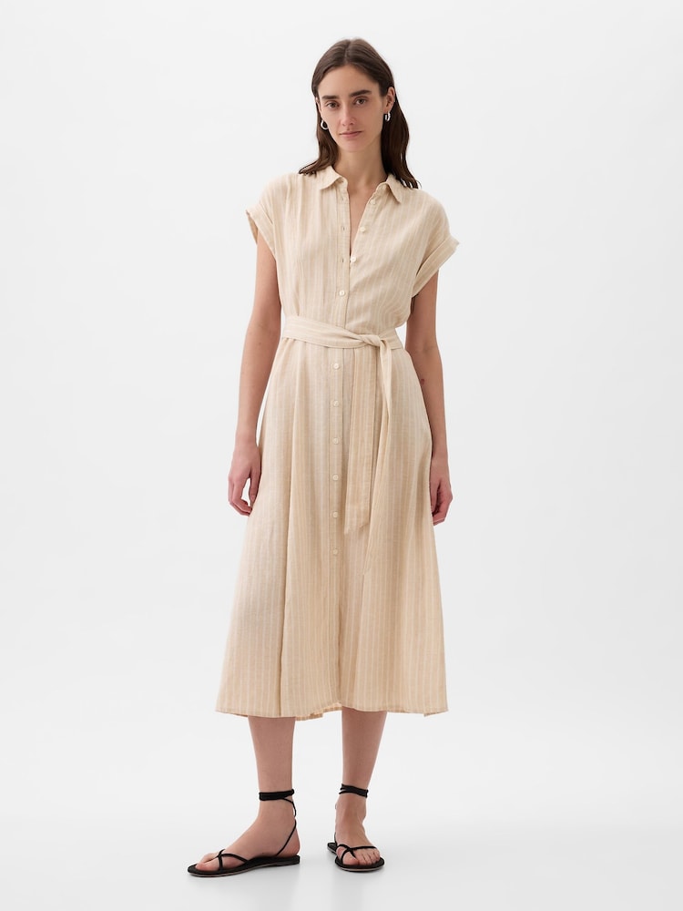 Gap Beige Linen-Blend Tie Waist Midi Shirt Dress - Image 1 of 5
