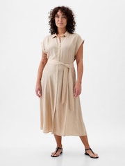 Gap Beige Linen-Blend Tie Waist Midi Shirt Dress - Image 4 of 5