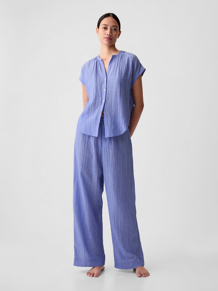 Gap Blue Crinkle Cotton Short Sleeve Pyjama Top - Image 1 of 2