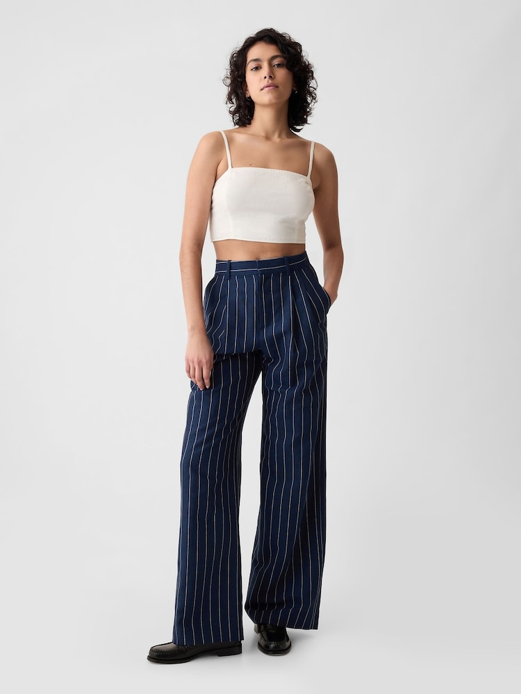 Gap Navy Blue Pinstripe High Waisted Linen Cotton Trousers - Image 1 of 6