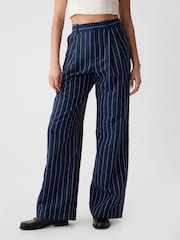 Gap Navy Blue Pinstripe High Waisted Linen Cotton Trousers - Image 2 of 6