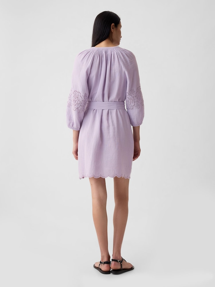 Gap Purple Crinkle Cotton Embroidered Elbow Sleeve Mini Dress - Image 2 of 6 Gap Purple Crinkle Cotton Embroidered Elbow Sleeve Mini Dress - Image 2 of 6