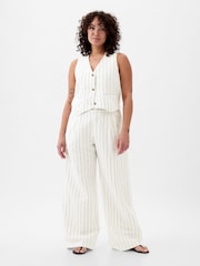 Gap White & Navy Stripe High Waisted Linen Cotton Trousers - Image 1 of 4