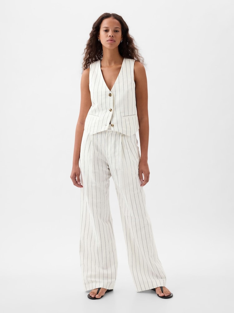 Gap White & Navy Stripe High Waisted Linen Cotton Trousers - Image 4 of 4