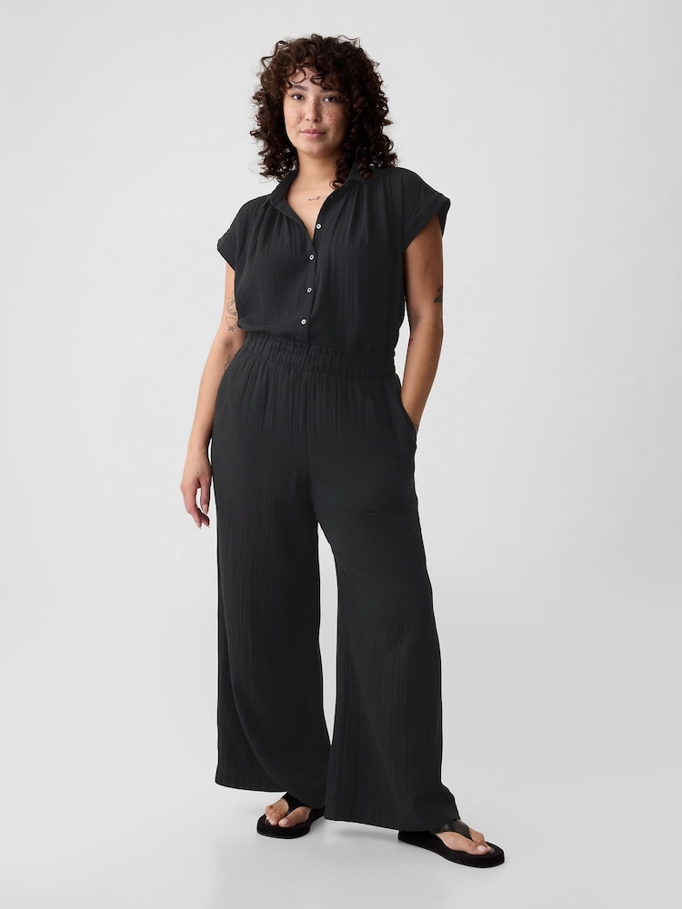 Gap Black Crinkle Cotton Wide Leg Pull On Trouser - Image 2 of 4 Gap Black Crinkle Cotton Wide Leg Pull On Trouser - Image 2 of 4