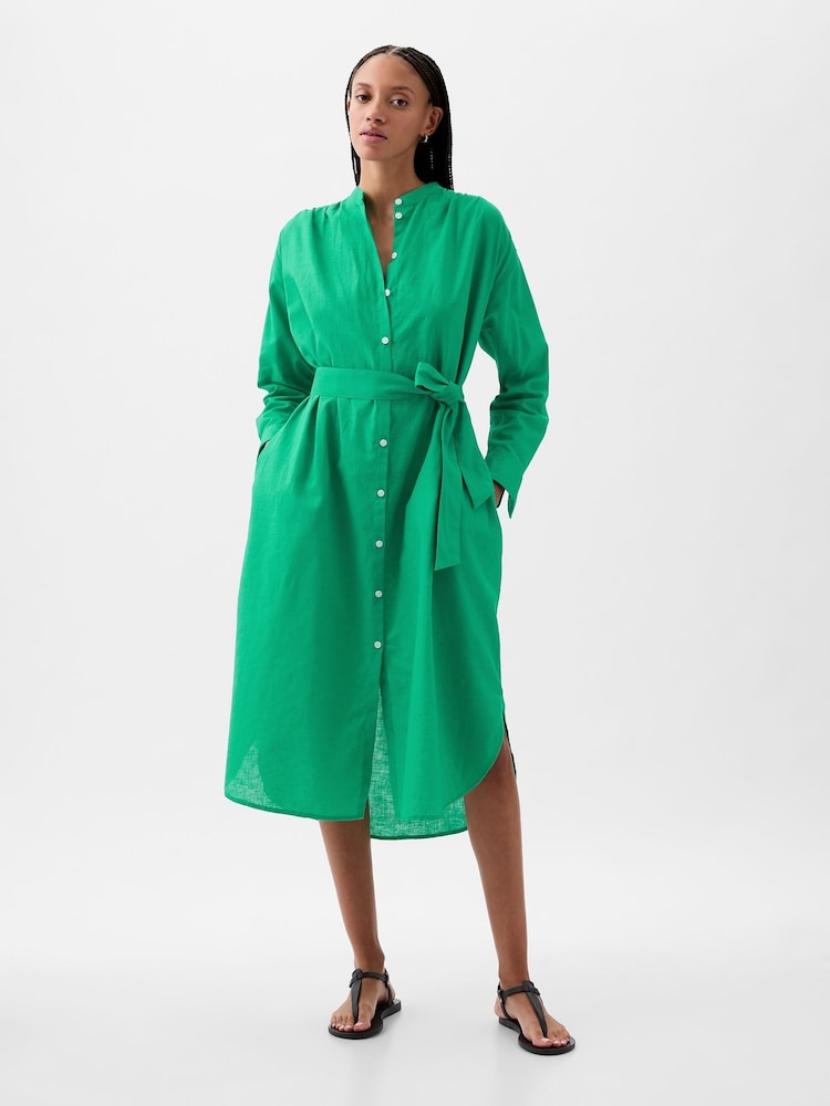 Gap Green Linen Blend Long Sleeve Shirt Dress - Image 1 of 4