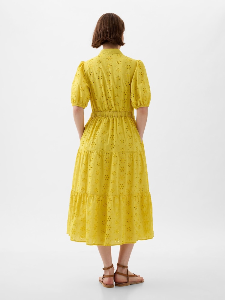 Gap Yellow Eyelet Tie Waist Tiered Midi Dress - Image 2 of 5
