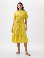 Gap Yellow Eyelet Tie Waist Tiered Midi Dress - Image 4 of 5