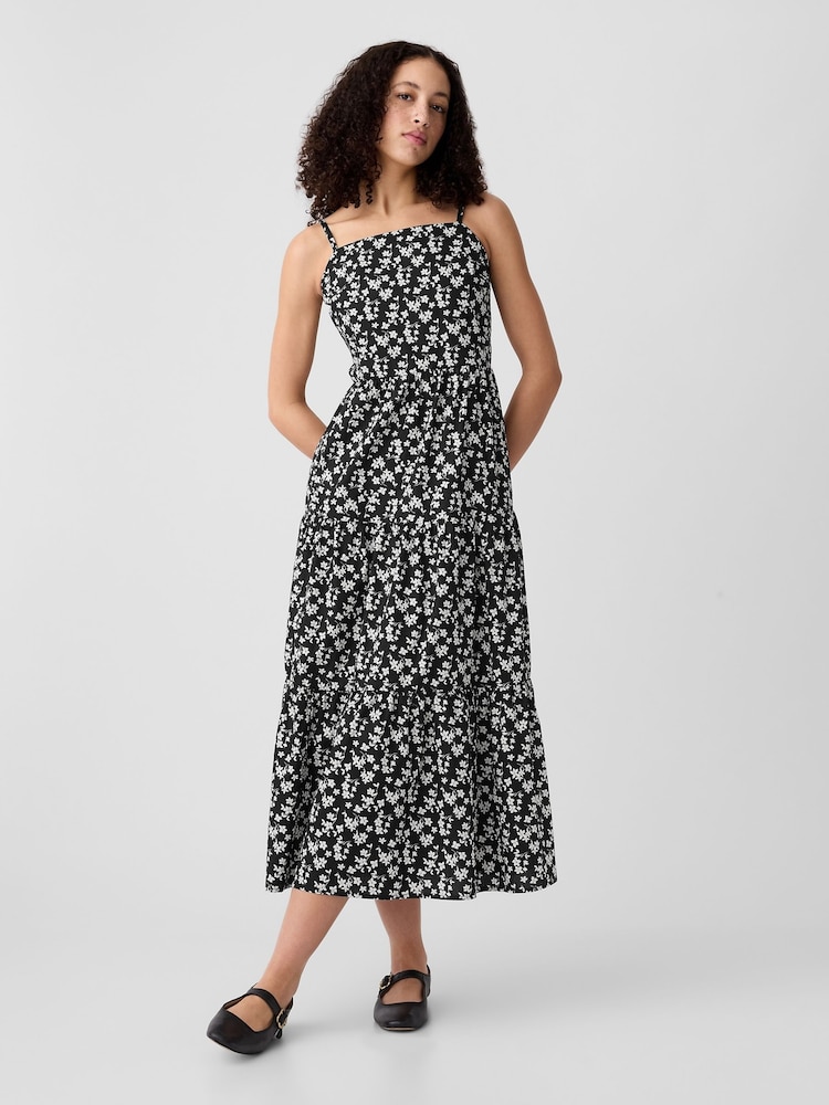 Gap Black Floral Floral Cotton Tiered Strappy Midi Dress - Image 1 of 2