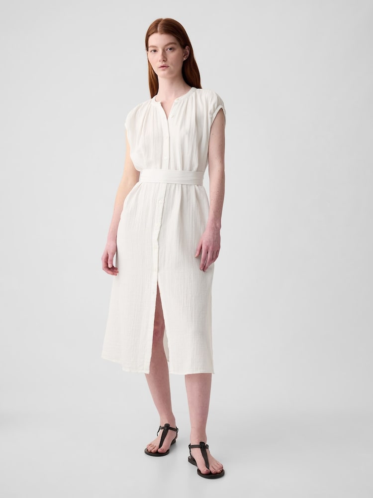 Gap White Crinkle Cotton Belted Midi Shirt Dress - Image 1 of 3