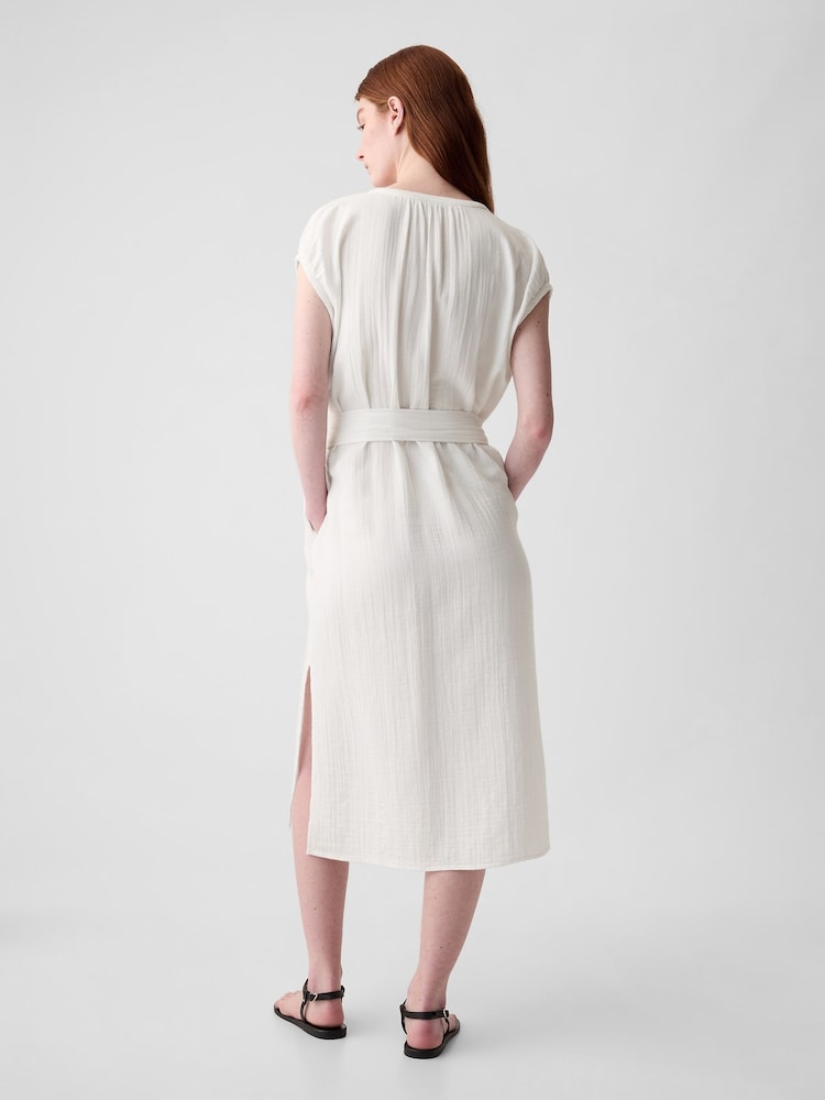 Gap White Crinkle Cotton Belted Midi Shirt Dress - Image 2 of 3
