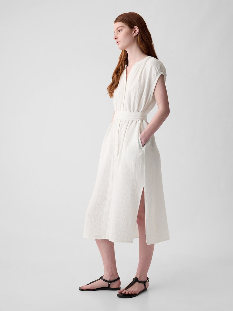 Gap White Crinkle Cotton Belted Midi Shirt Dress - Image 3 of 3 Gap White Crinkle Cotton Belted Midi Shirt Dress - Image 3 of 3